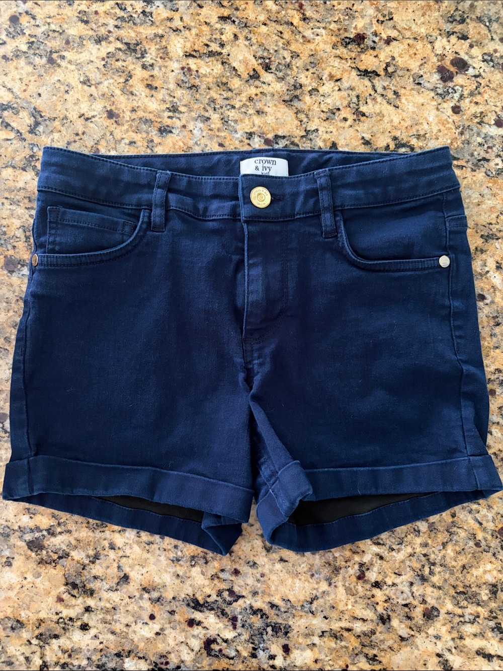 crown & ivy Navy Fold-Cuff Jean Shorts with Gold Button Accents